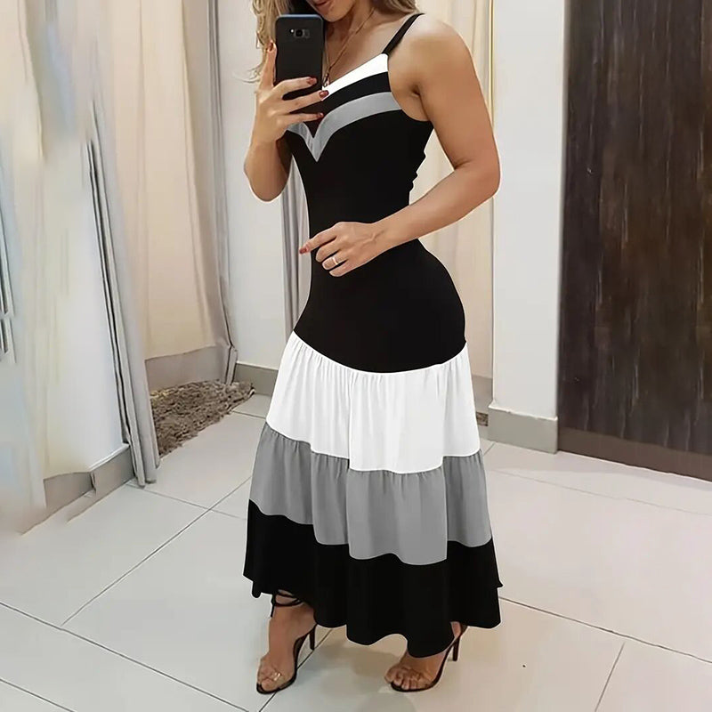 Women's Summer Casual Sleeveless Dress. V Neck Color Block Spaghetti Strap Maxi Long Dress