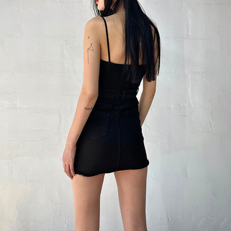 Garden Denim Suspender Skirt Denim Black