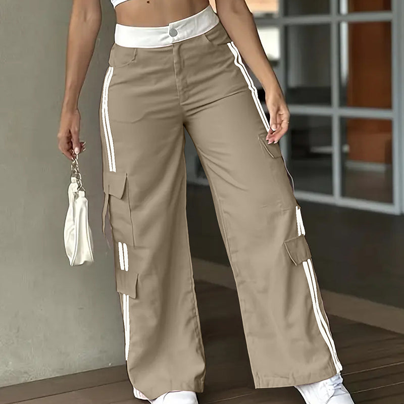 Women's Striped Straight Leg Pants. Button Zip With Pocket, Casual Trousers For Spring And Fall