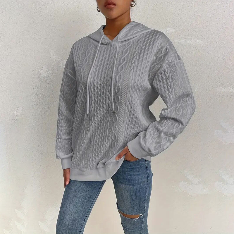 Womens Casual Long Sleeve Drawstring Hoodies. Textured Pullover Loose Hooded Sweatshirt Tops