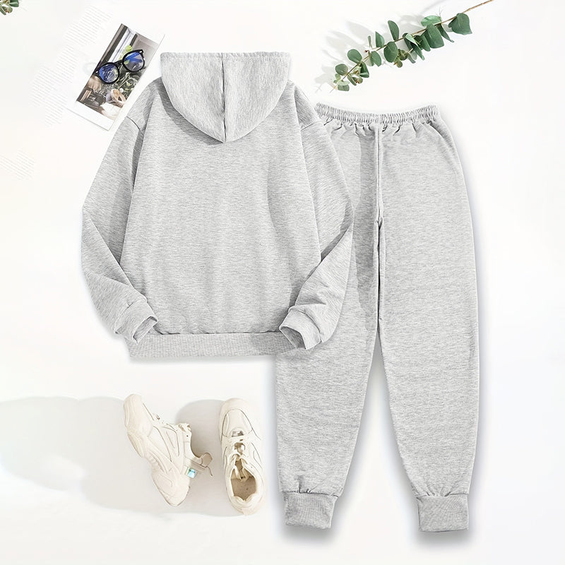 Solid 2-Piece Letter Print Hoodie With Pocket & Drawstring Jogger Pants, Casual Tracksuit for women