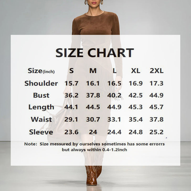 Women's Vintage Western Suede-Look Maxi Dress, Boho Fringe & Waist Ruffle Detail Bodycon Gown