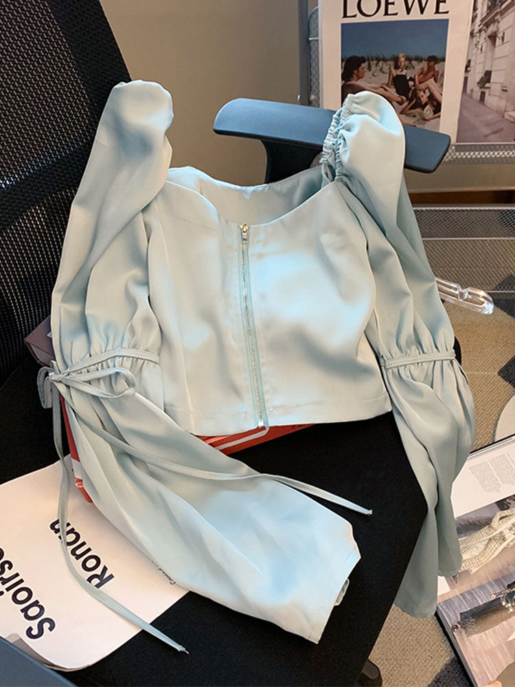Women's Satin French Square Neck Blouse with Bell Sleeves