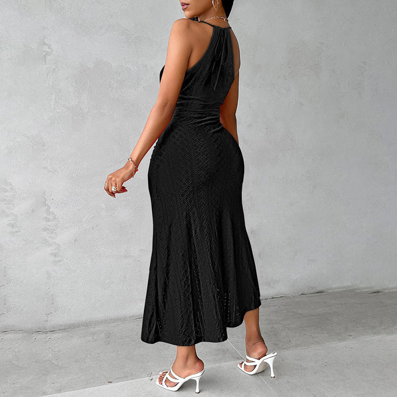 Women's Sexy Halter Neck Ruched Bodycon Midi Dresses. Elegant Sleeveless Cocktail Party Dress