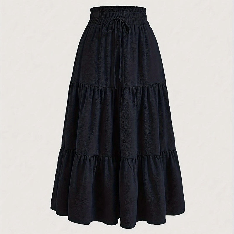 Women's Solid Color High-Waist. Knot Detail Flowy Pleated Midi Skirt - Elegant A-Line Skirt For Spring Summer