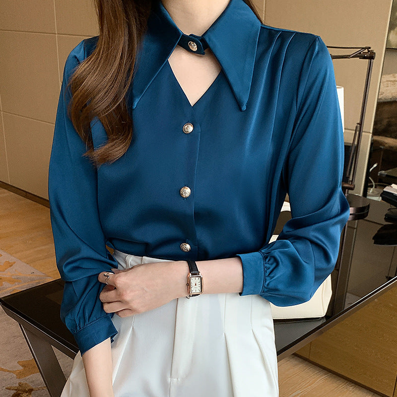 V-Neck Satin Blouse with Unique Design for Women