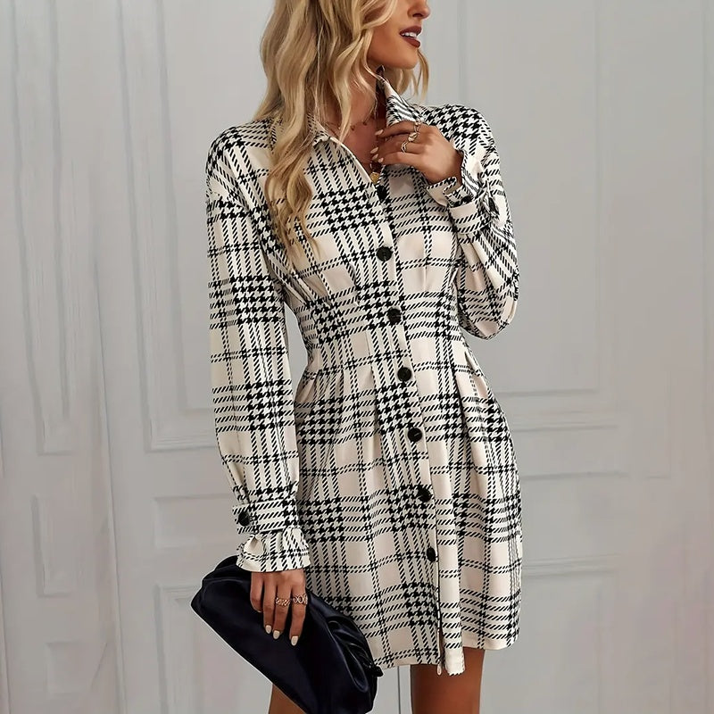 Women's Elegant Plaid Shirt Dress. Ruched Waist A-Line Mini Dress With Long Sleeves