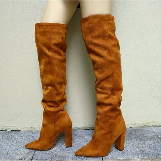 Women's Fashion Over The Knee Stretch Chunky Heel, Pointed Toe High Heel Boots