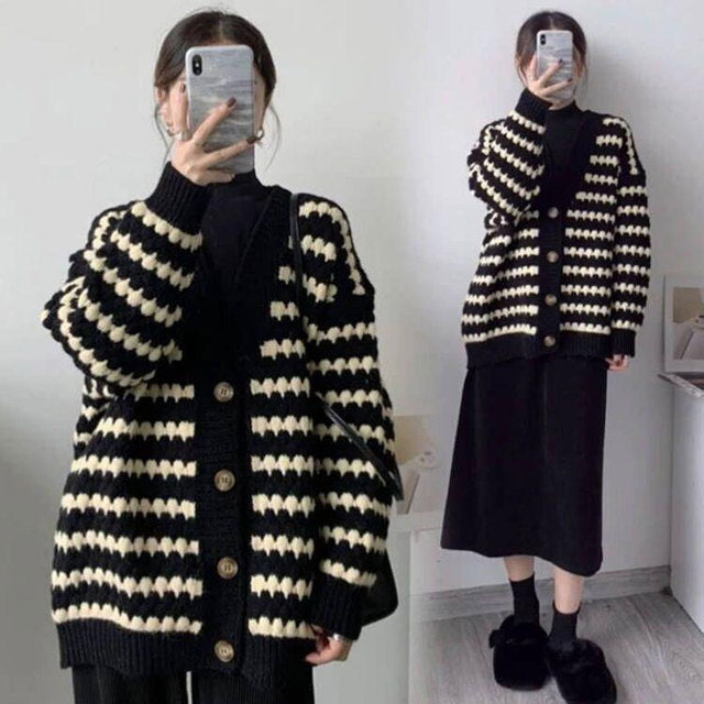 Women's Striped Long-Sleeve Knitted Cardigan Sweater