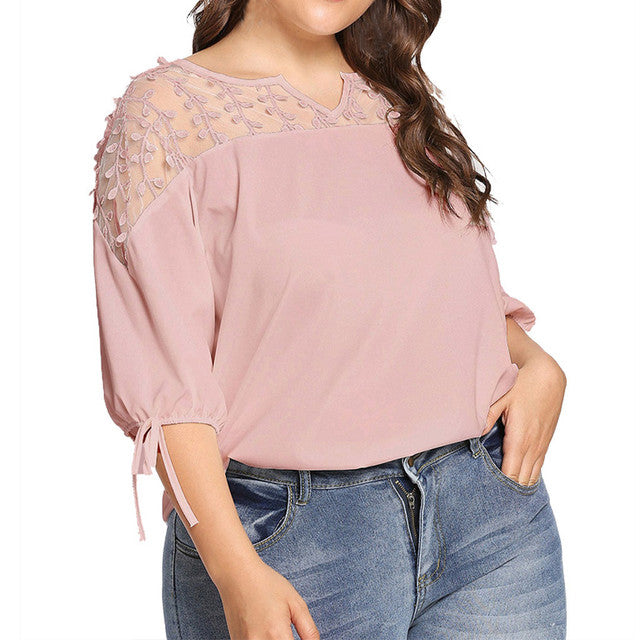 Plus Size Sheer Lace Chiffon Blouses with Ribbons