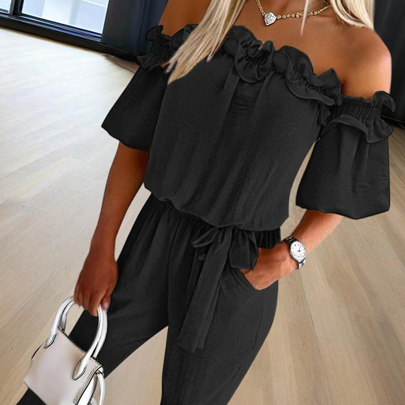 Women's Solid Color Elegant Off-Shoulder Jumpsuit. Ruffle Sleeves & Tie-Waist Summer Casual Romper