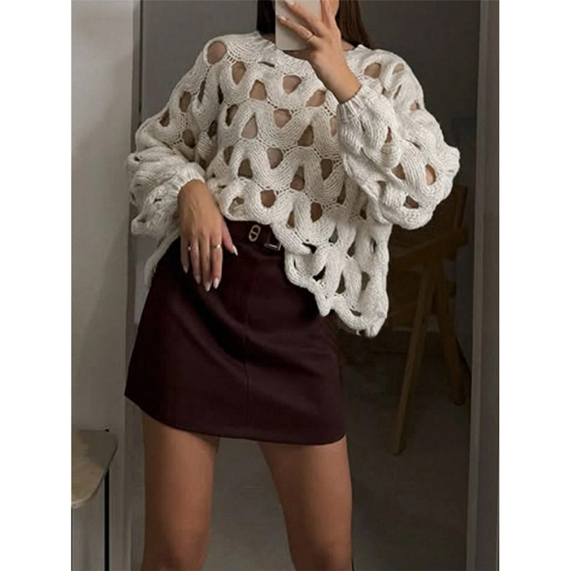 Womens Crewneck Elegant Soft Sweater. Long Sleeve Hollow Out Crochet Knit Pullover Tops