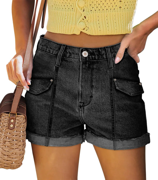 Womens Denim Shorts. Frayed Raw Hem Stretchy Jeans Shorts for Women High Waist