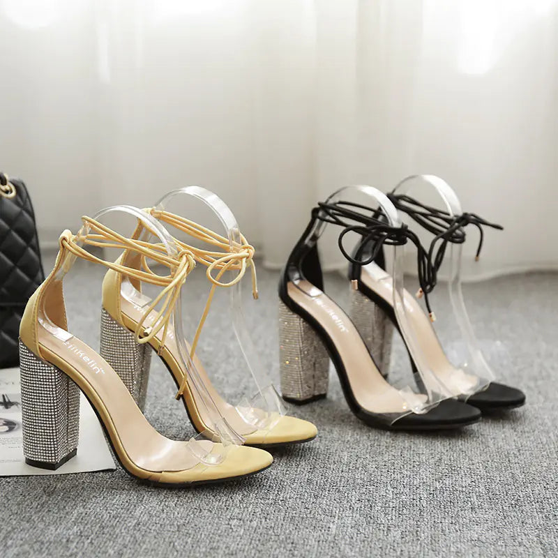 Clear Rhinestone Strap Chunky Heels for Women