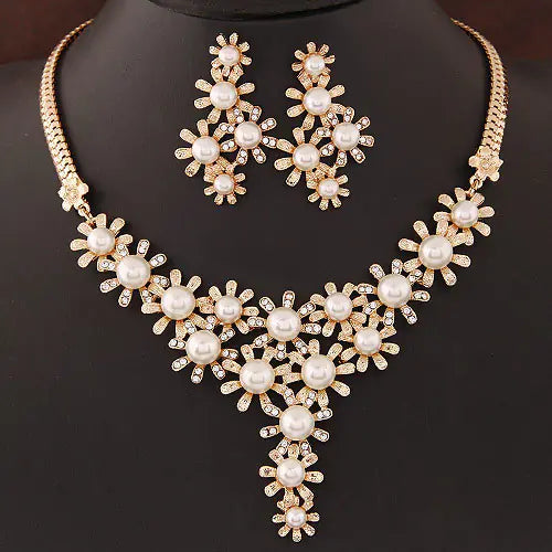 Stylish Party Earrings and Necklace with Pearls and Crystals