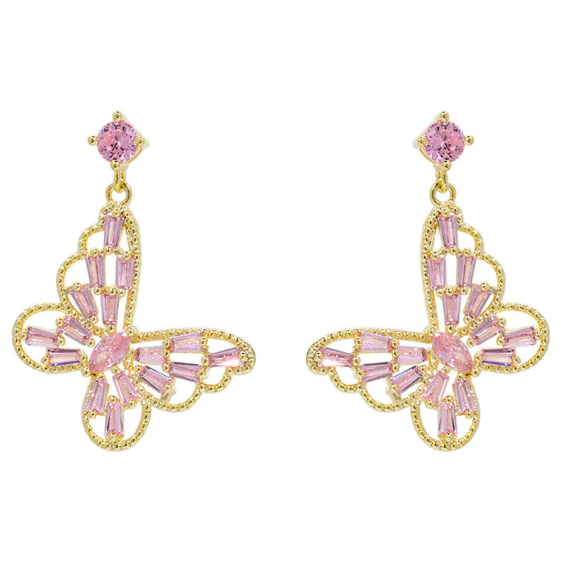 Luxury Pink Zircon Butterfly Stud Earrings for Women
