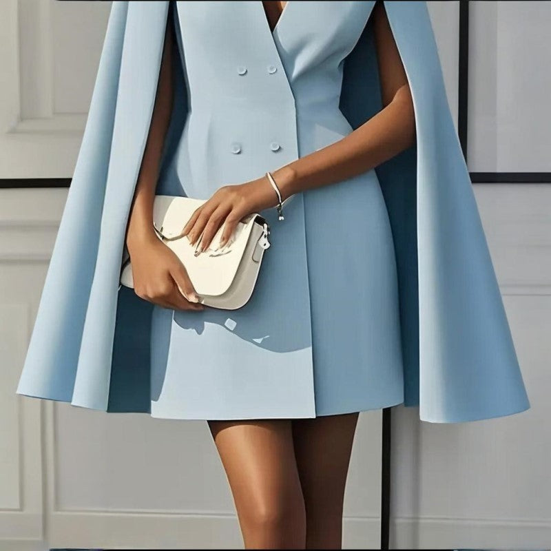 Women's Elegant Solid Color V Neck Cape Blazer Dresses. Spring & Summer Party Banquet Outfit