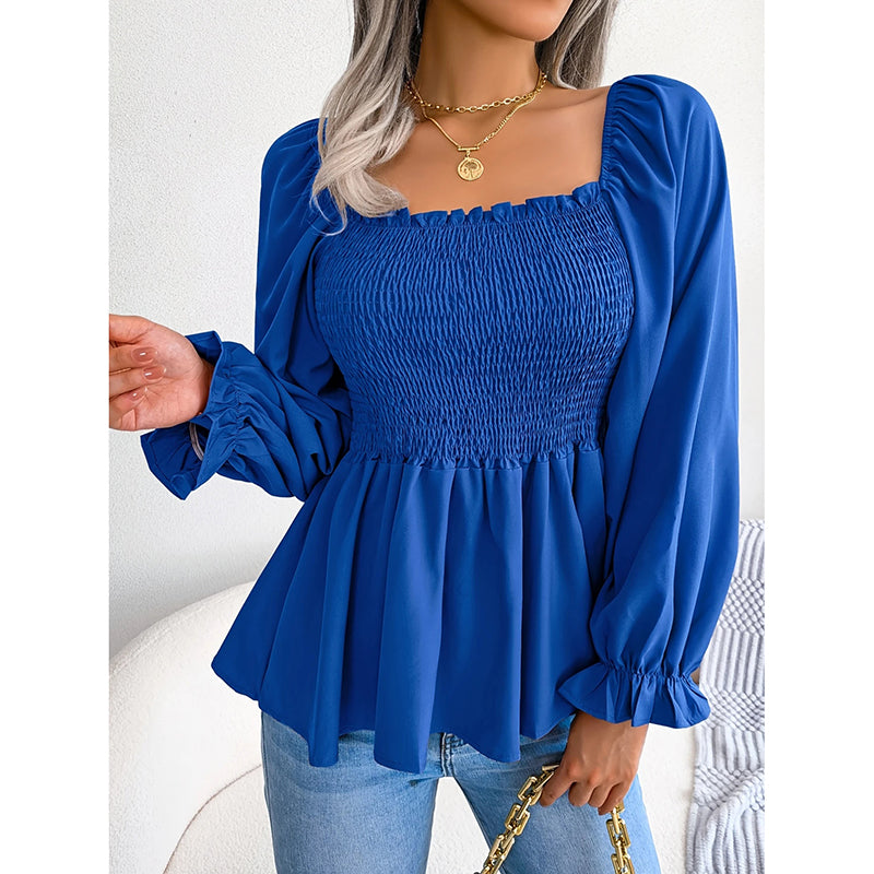 Women's Peplum Tops. Square Neck Ruffle Trim Long Sleeve Blouse, Smocked Top Dressy Casual Shirts