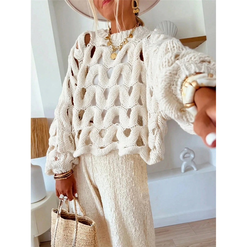 Womens Crewneck Elegant Soft Sweater. Long Sleeve Hollow Out Crochet Knit Pullover Tops