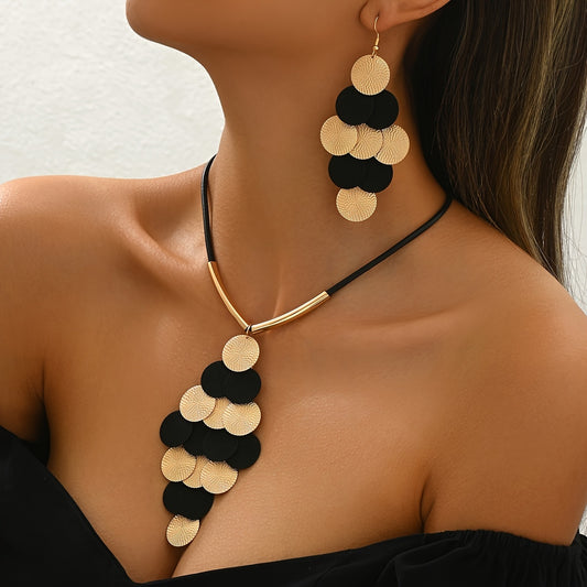 Lxalry 14K Gold Black Gothic Jewelry Set. Handmade Iron Leather Necklace and Earrings. Bold Oversized