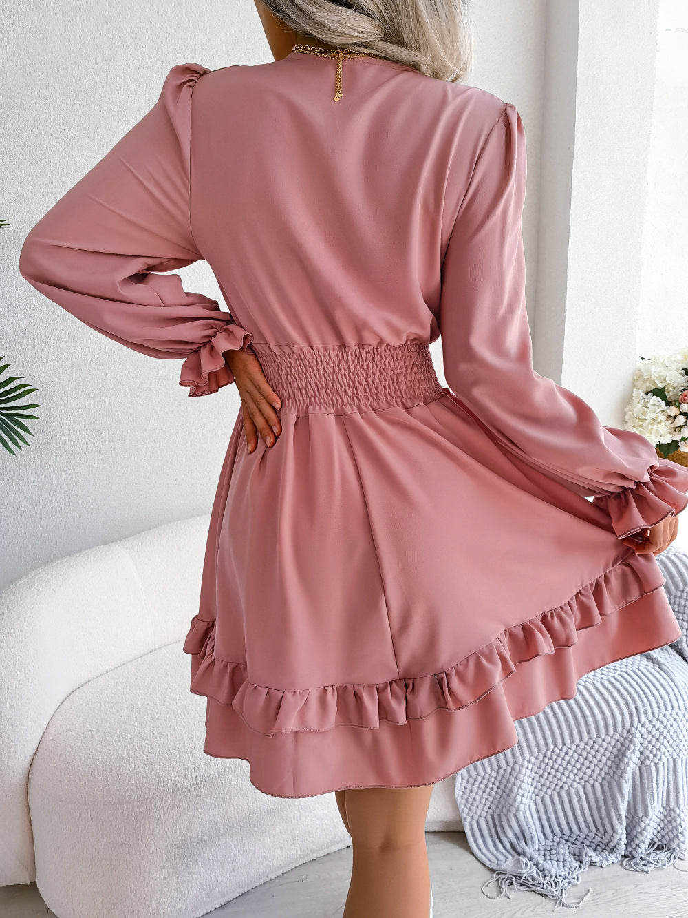 Summer Solid Color V-neck Long Sleeve Dresses. Women Sexy Lace Up A-line Beach Dress