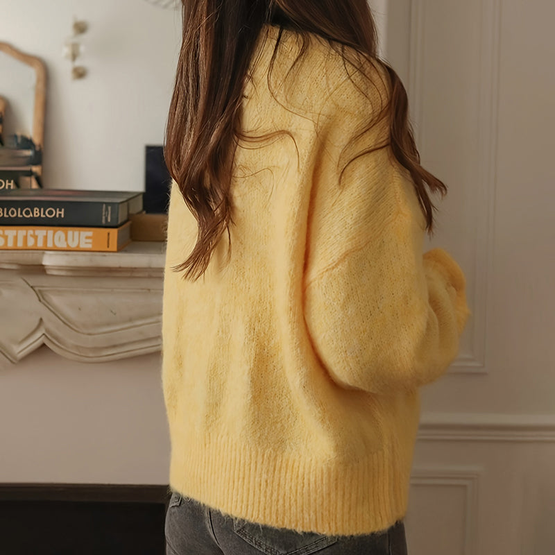 Ruffle Cuff Sweater for Women - Soft Round Neck Long Sleeve Casual Top For Chic Everyday Outfits