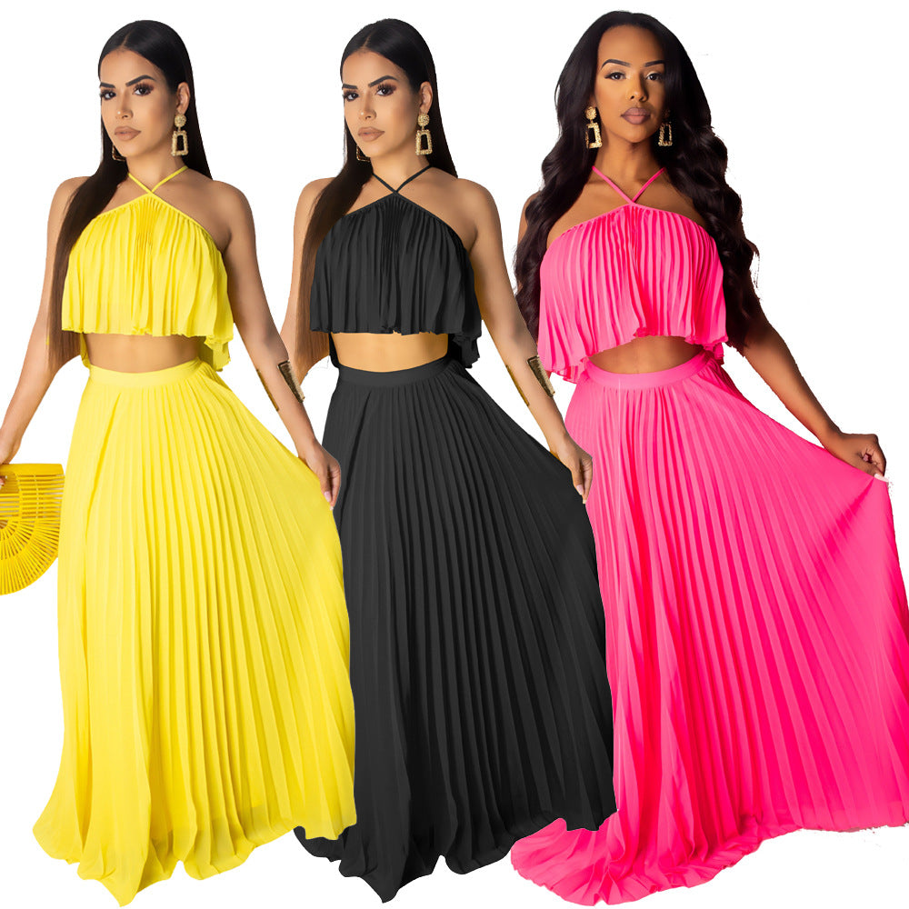 Chic Chiffon Ruched Two-Piece Dress Set in Stock