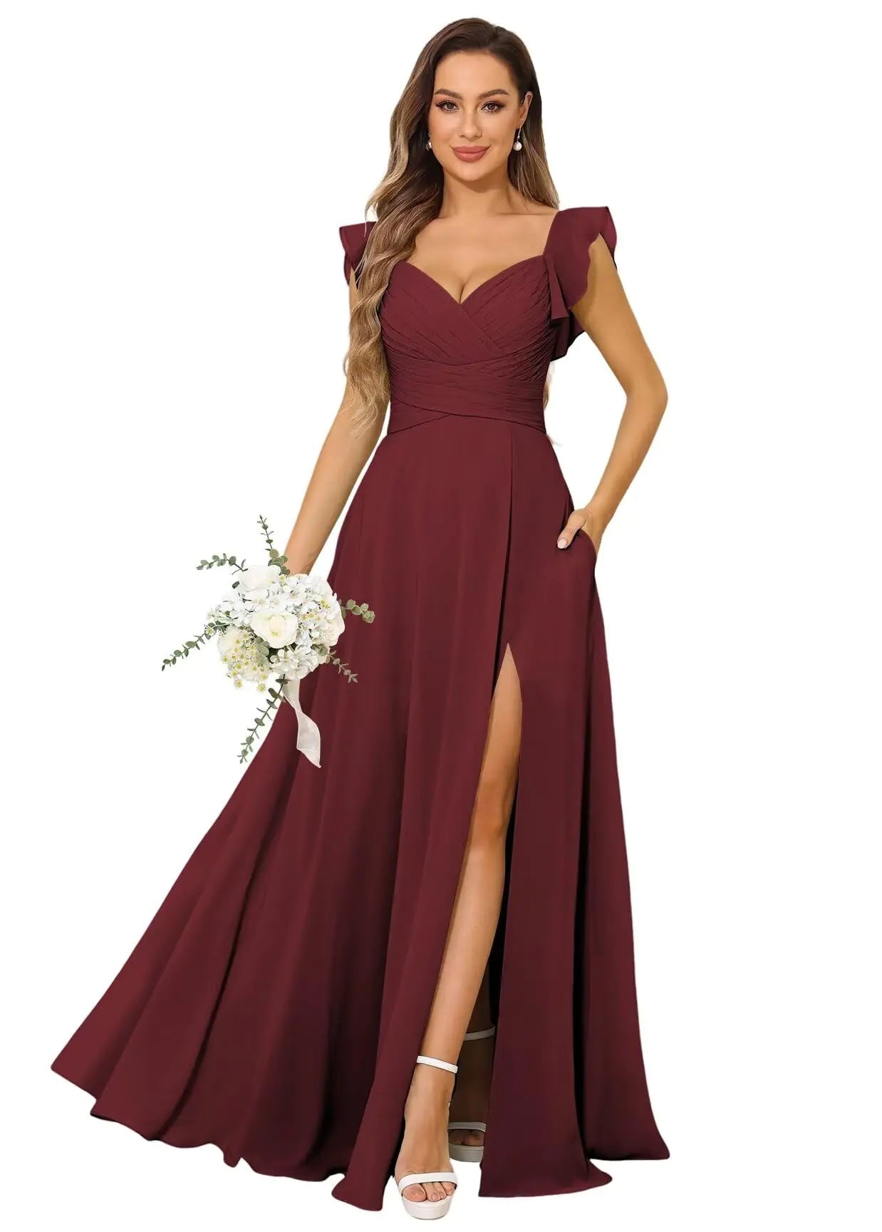 Chiffon Ruched Empire Waist Burgundy Dress. Flowy Formal Party Dress