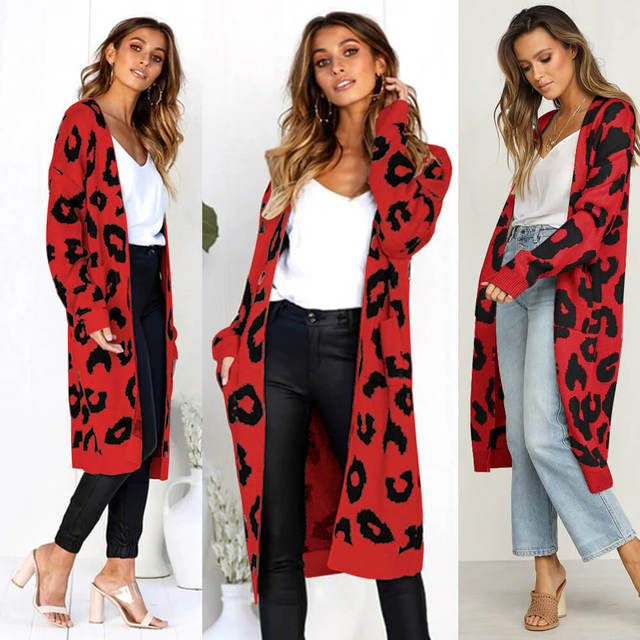 Women's Leopard Knitted Long Sleeve Cardigan Sweater