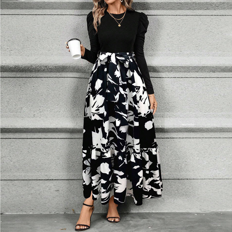 Women's Round Neck Long Sleeve Dresses. Patchwork Print & Pleated Spring & Fall Maxi Dress