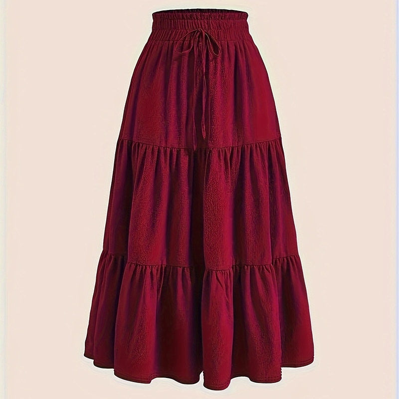 Women's Solid Color High-Waist. Knot Detail Flowy Pleated Midi Skirt - Elegant A-Line Skirt For Spring Summer