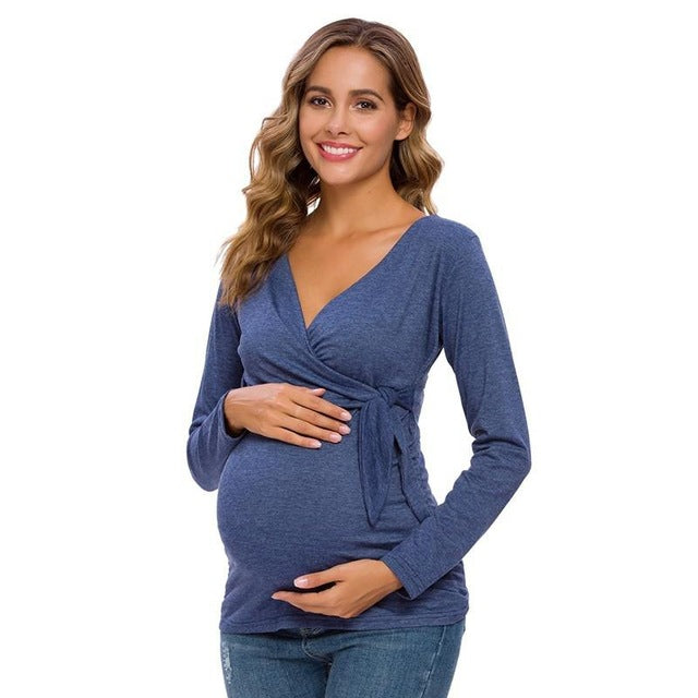 Long Sleeve V Neck Maternity Blouses and Tops