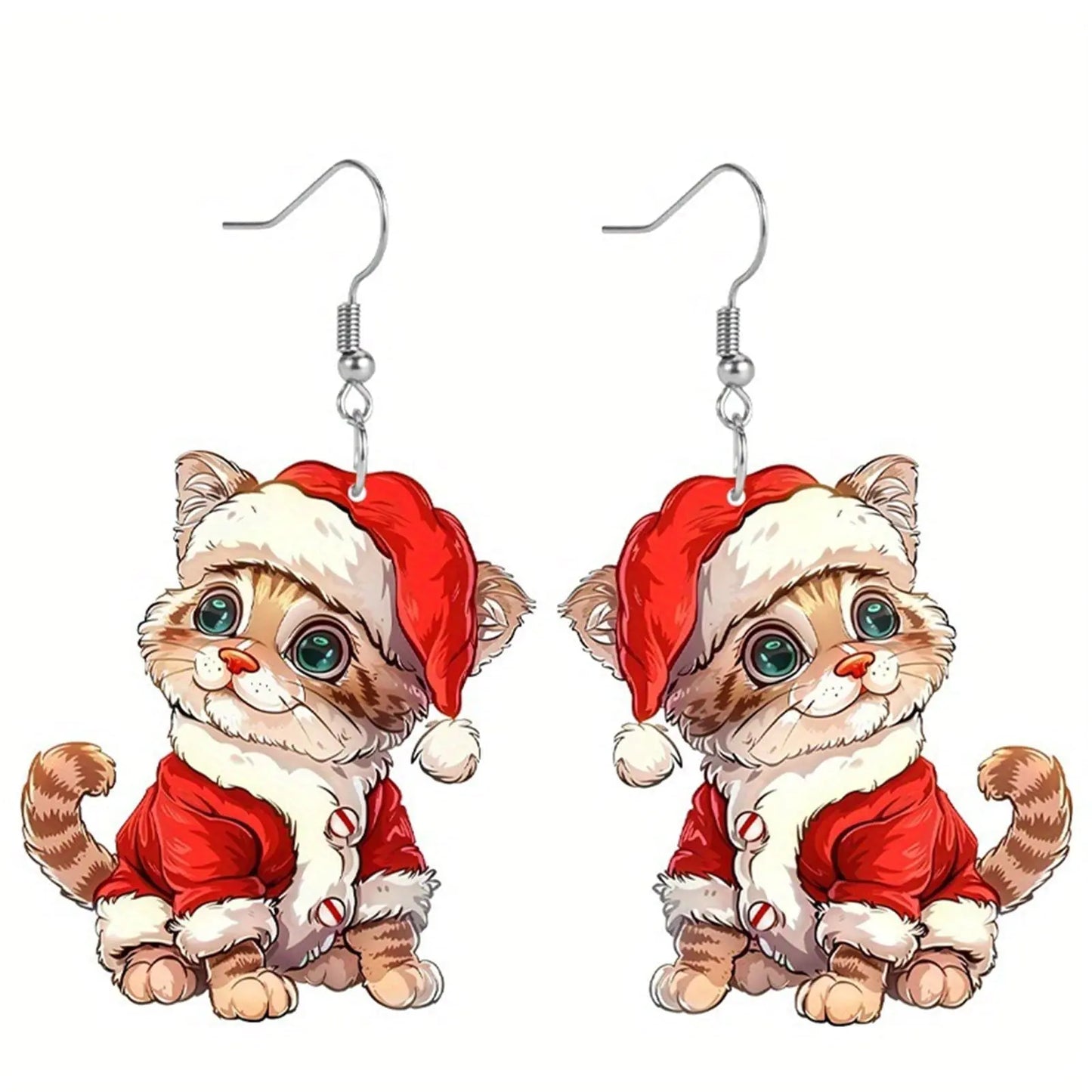 Holiday Dangle Christmas Cat Earrings. Women’s Jewelry Gift, Christmas Stud Earrings