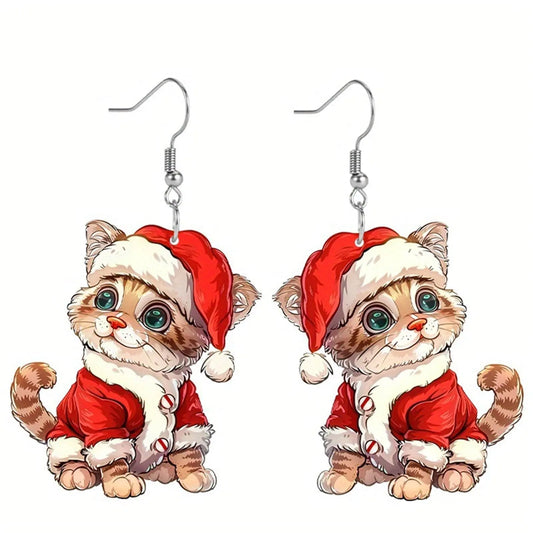 Holiday Dangle Christmas Cat Earrings. Women’s Jewelry Gift, Christmas Stud Earrings
