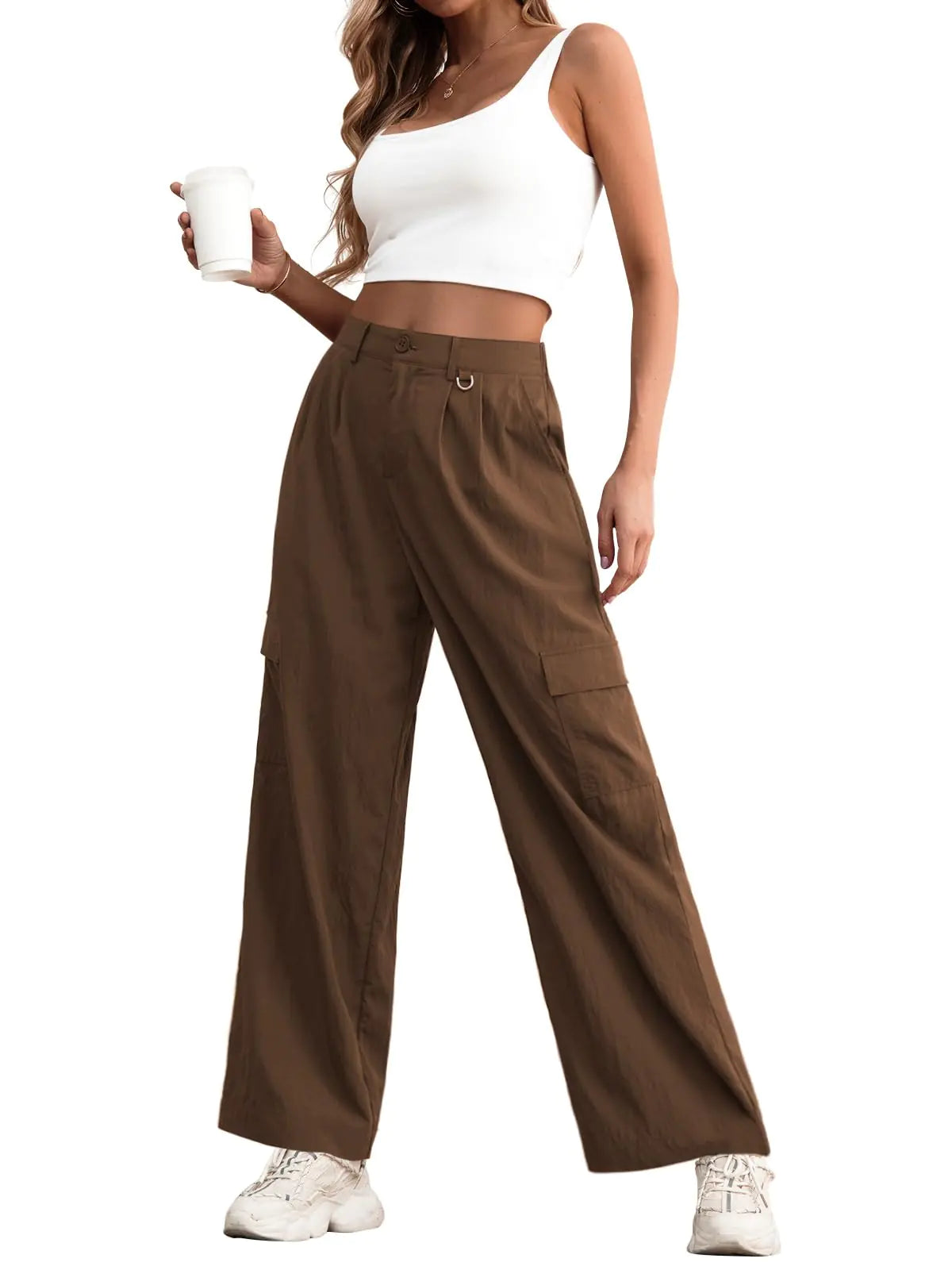 Women Wide Leg Cargo Pants. High Waisted Casual Baggy Streetwear Trousers
