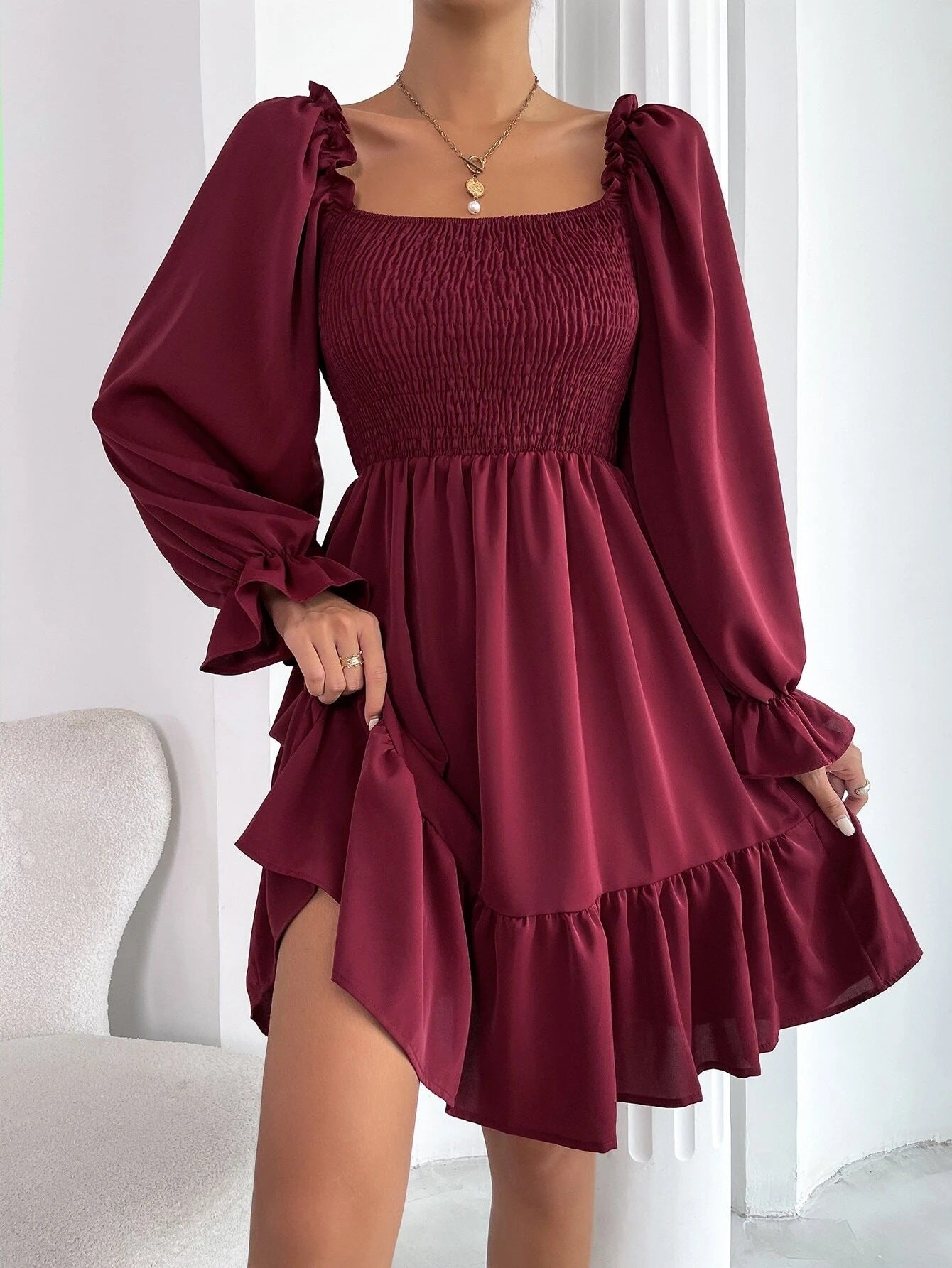Flared Long Sleeve Women Square Neck Ruffled Swing Dresses