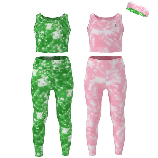 Girls Athletic Leggings Yoga Pants with Sleeveless Crop Tank Tops for Kids Workout Cheer Dance. Sizes 3-16 5pc Set - E2110 - Set-1-15-16