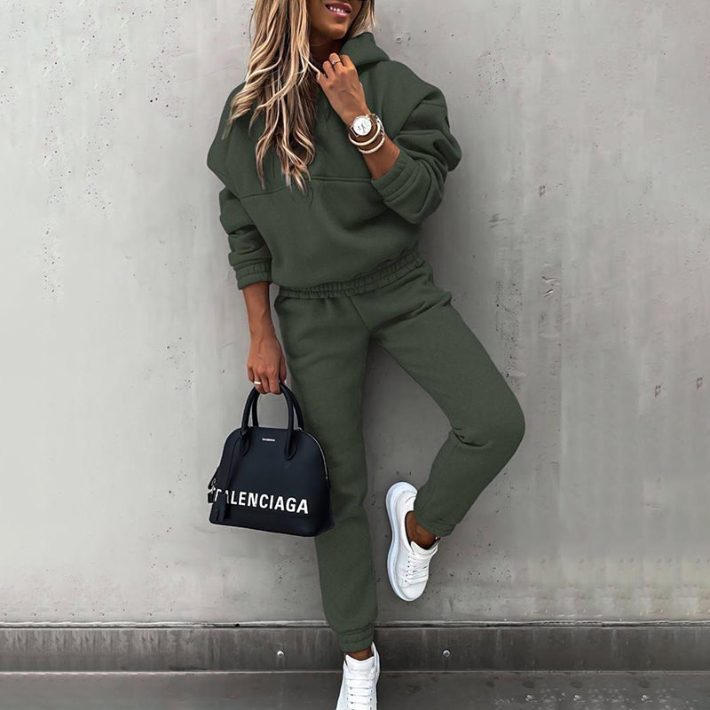 Women's Casual 2-Piece Tracksuit, Solid Color Hooded Sweatshirt And Slim Fit Jogger Pants, For Autumn And Winter
