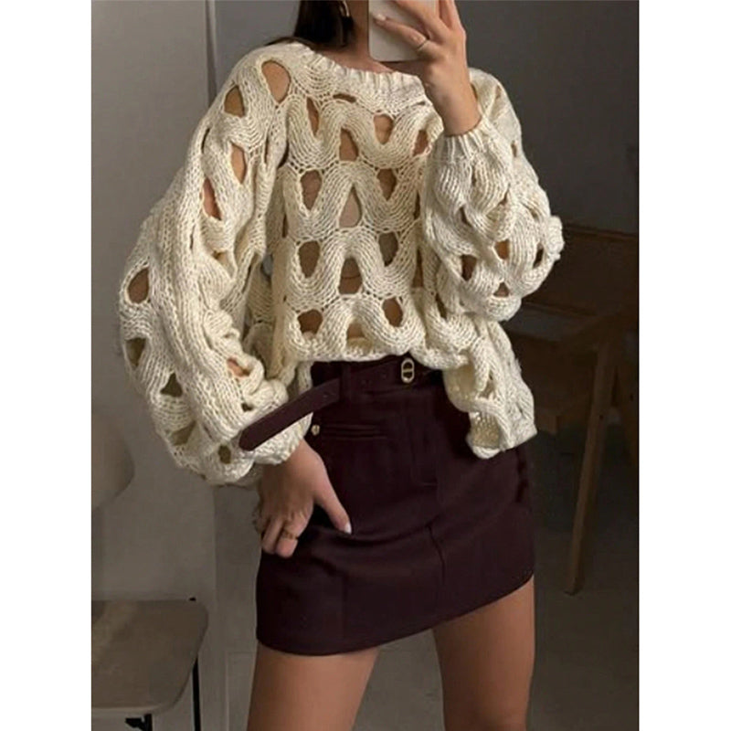 Womens Crewneck Elegant Soft Sweater. Long Sleeve Hollow Out Crochet Knit Pullover Tops