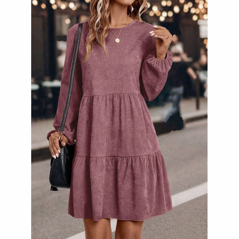 Women's Corduroy Mini Dress - Fall Winter A-Line Long Sleeve Dress, Round Neck