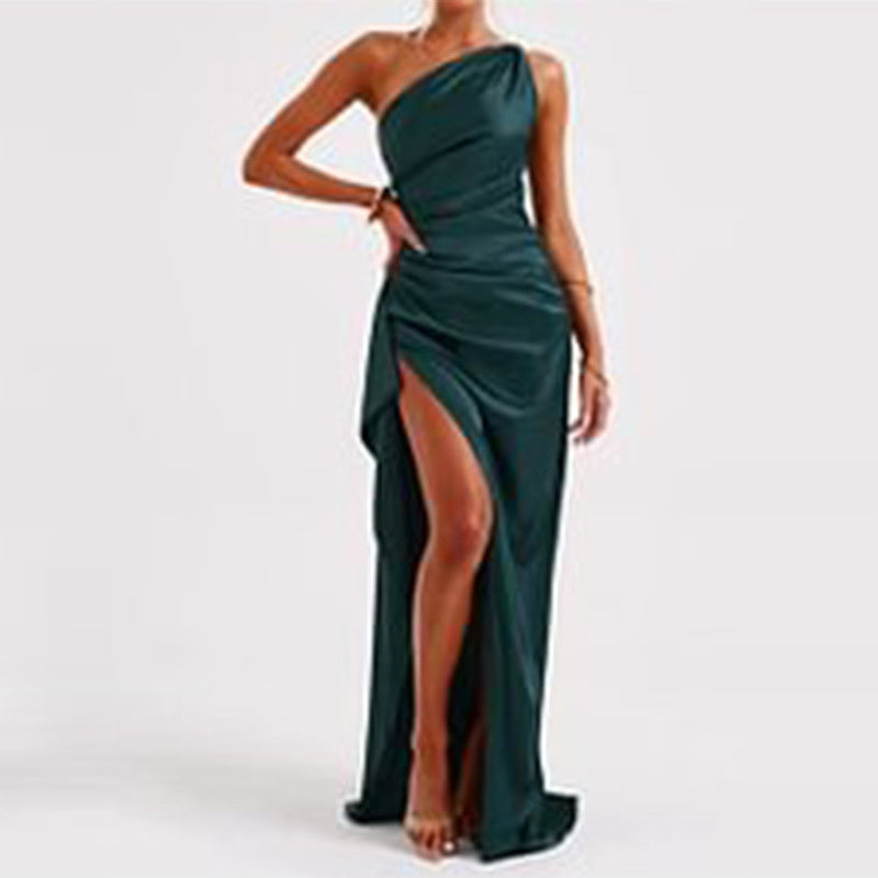 Sexy One-shoulder Backless Slit Dress. Summer Elegant Satin Dresses For Women