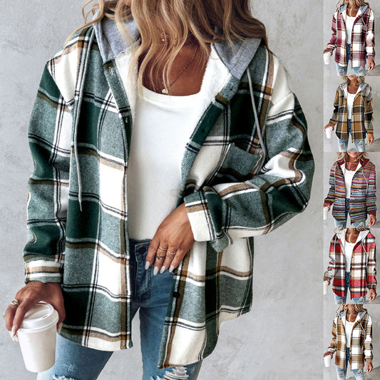 Plaid Hooded Jacket. Fashion Casual Button Pocket Coat, Autumn And Winter Women's Clothing