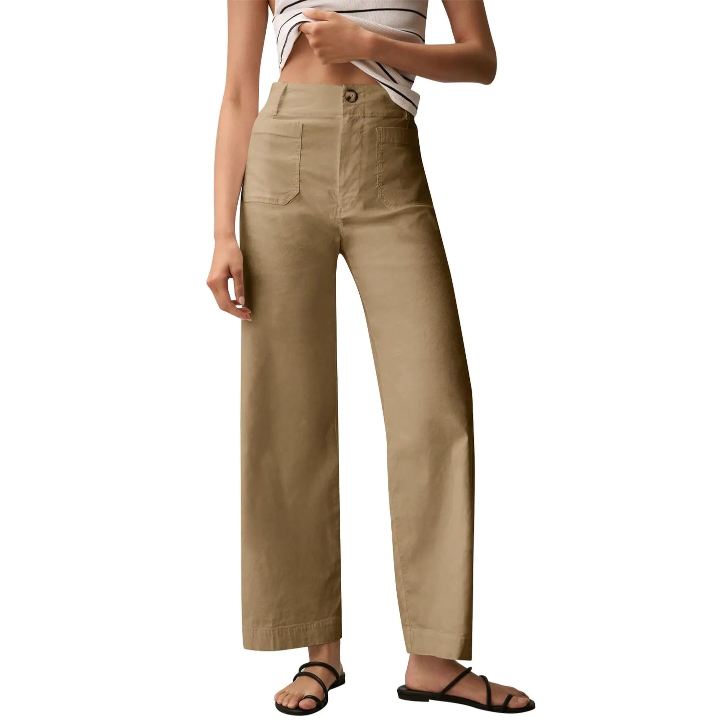 Wide Leg High Waisted Jeans. Stretch Cropped Pants with Patch Pockets, Casual Straight Leg Work Office Pants for Women