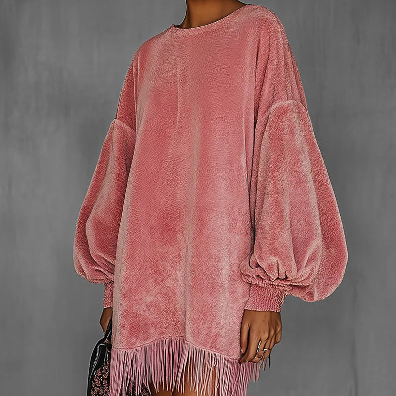 Women's Fringe Hem Mini Dress, Drop Shoulder Long Sleeve Casual Short Dress