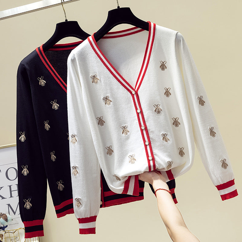 Women's Bee Embroidery Contrast Knit Cardigan Sweater