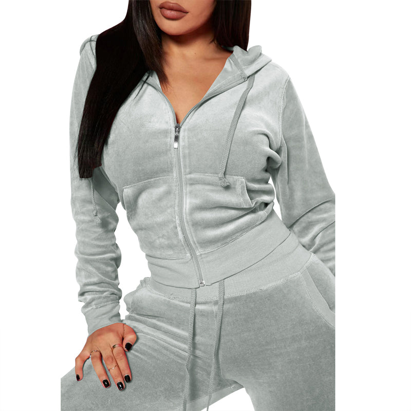 2-piece Zip Pocket Drawstring Hooded Crop Top & Slim Fit Pocket Pants - Ribbed Detail Casual Outfit for women