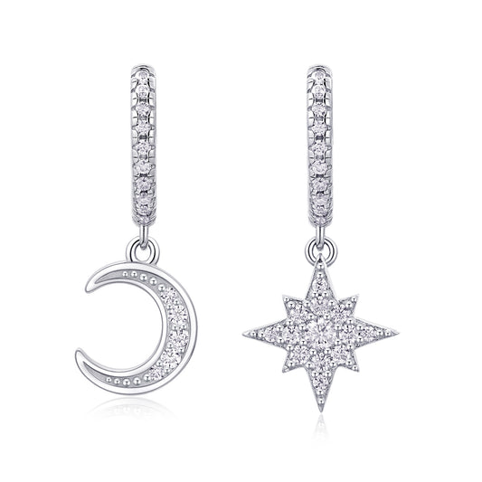 Star And Moon Interdependent Earrings. Stud Moissanite S925 Sterling Silver And Platinum-plated Diamonds Jewelry set