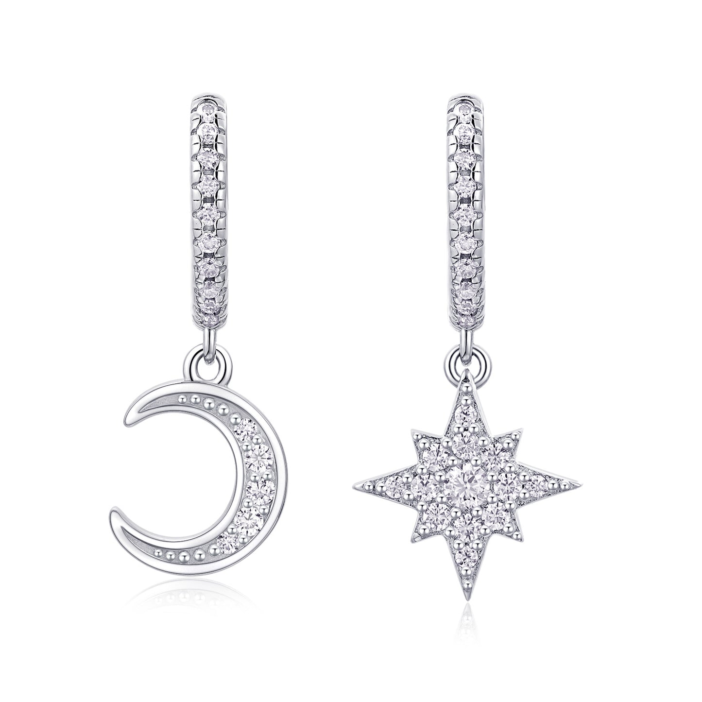 Star And Moon Interdependent Earrings. Stud Moissanite S925 Sterling Silver And Platinum-plated Diamonds Jewelry set