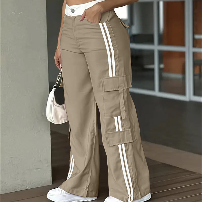 Women's Striped Straight Leg Pants. Button Zip With Pocket, Casual Trousers For Spring And Fall
