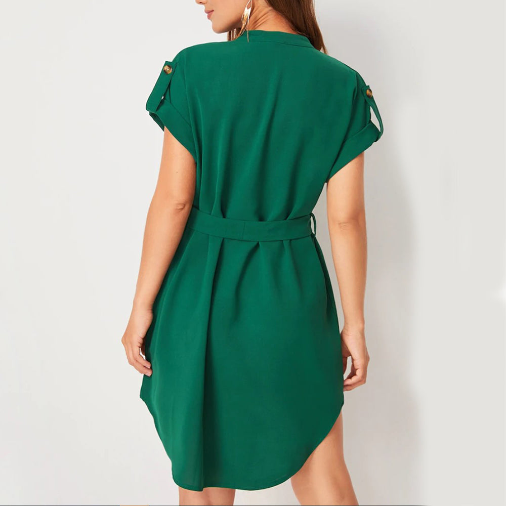 V-neck Short Sleeve Dress With Belt. Summer Fashion Bowknot Dresses For Women Clothing